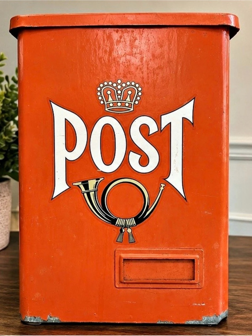 Vintage British POST Mailbox Red Metal Royal Crown Postal Horn Wall Box 14”